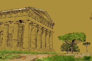 Paestum ruins drawing while touring Italy